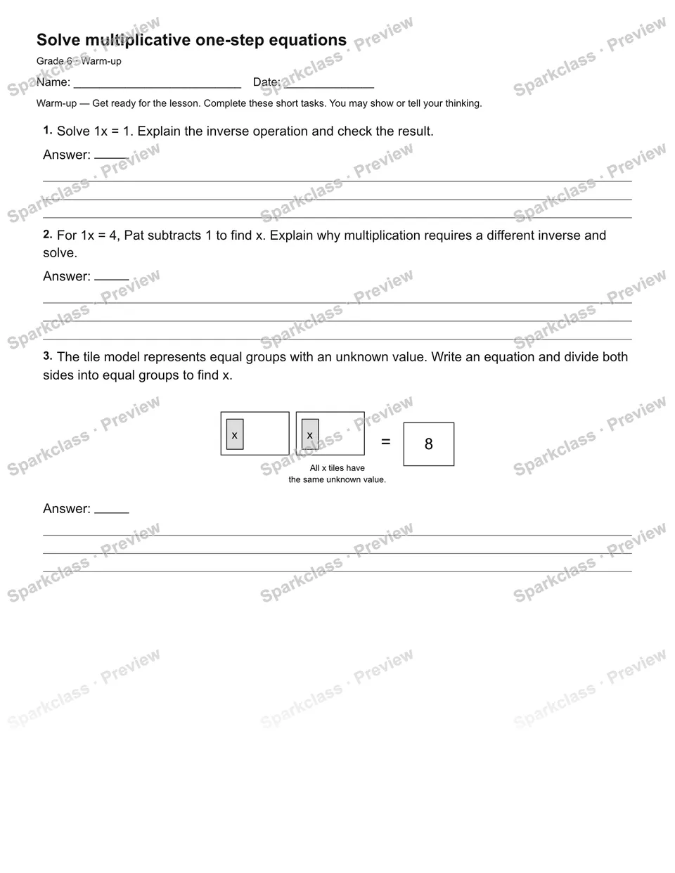 Solve multiplicative one-step equations — Warm-up — page 1