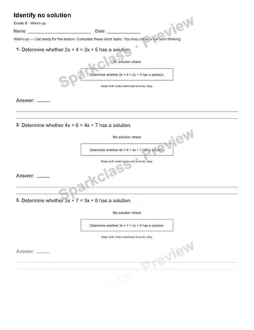Identify no solution — Warm-up — Grade 8 worksheet preview