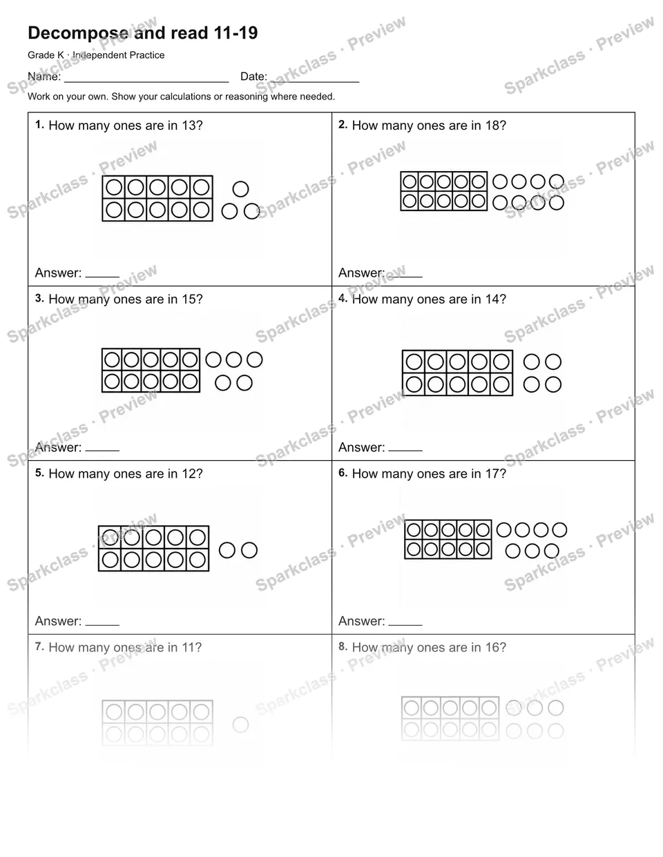 Decompose and read 11-19 — Independent Practice — page 1