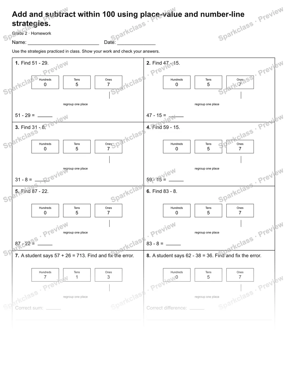 Add and subtract within 100 using place-value and number-line strategies. — Homework — page 1