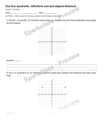 Use four quadrants, reflections and axis-aligned distances — Exit Ticket — Grade 6 worksheet preview