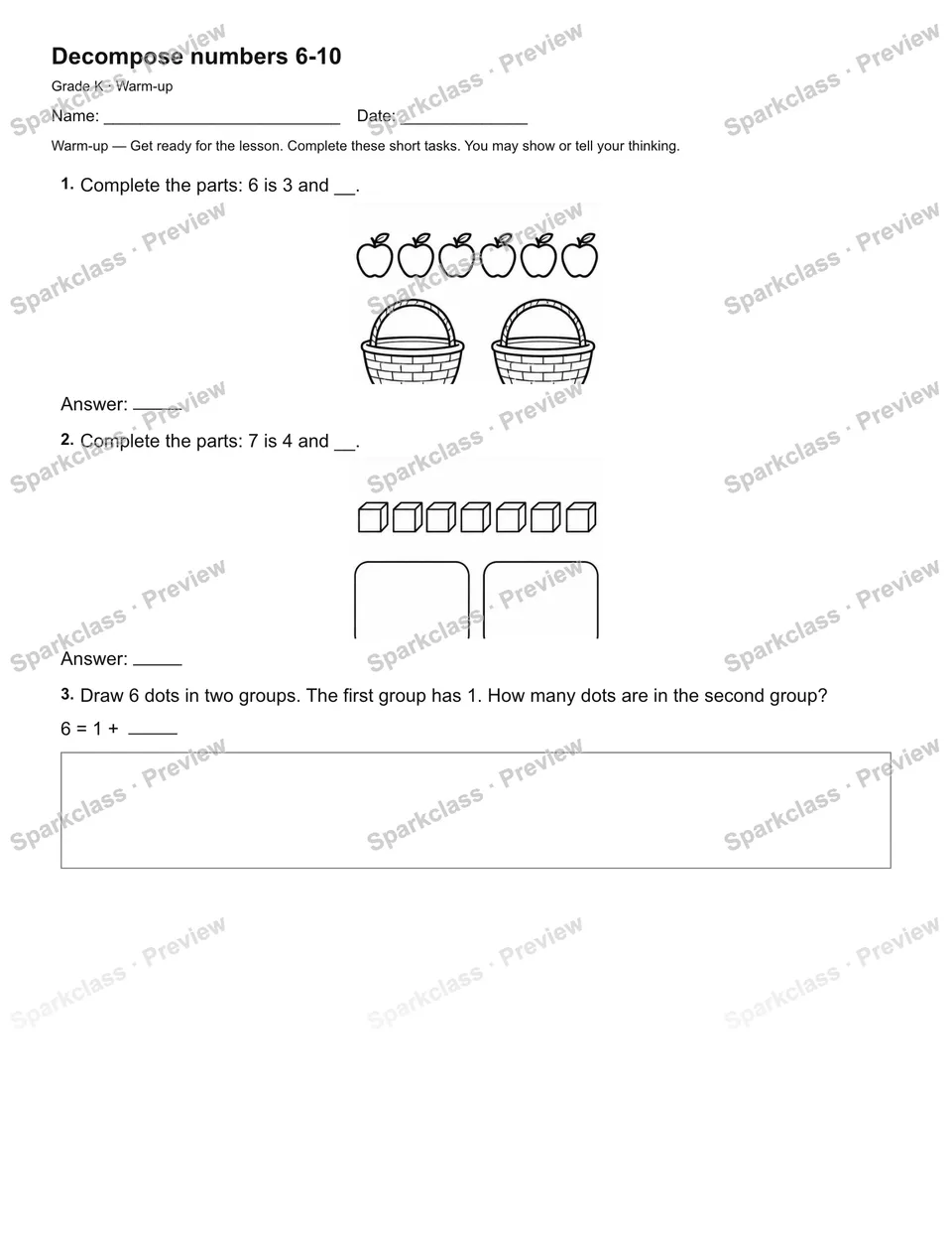 Decompose numbers 6-10 — Warm-up — page 2