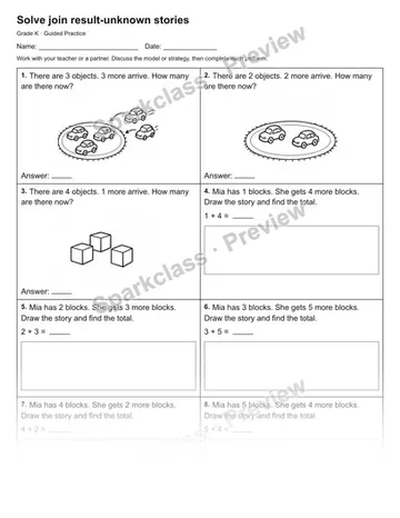 Solve join result-unknown stories — Guided Practice — Kindergarten worksheet preview