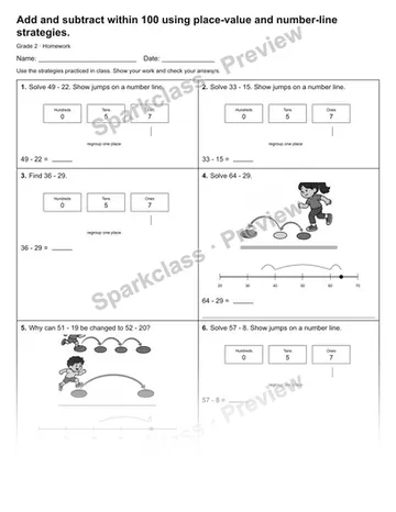 Add and subtract within 100 using place-value and number-line strategies. — Homework — Grade 2 worksheet preview