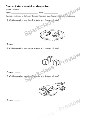 Connect story, model, and equation — Warm-up — Kindergarten worksheet preview