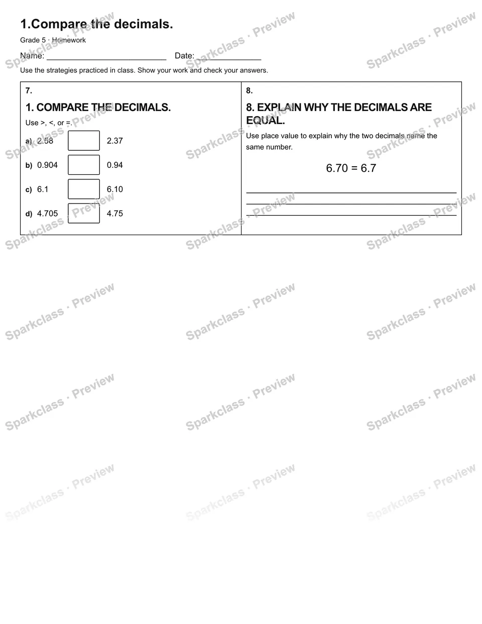 1.Compare the decimals. — Homework — page 2