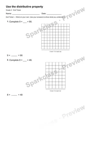 Use the distributive property — Exit Ticket — Grade 3 worksheet preview
