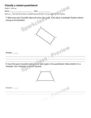 Classify a rotated quadrilateral — Warm-up — Grade 4 worksheet preview