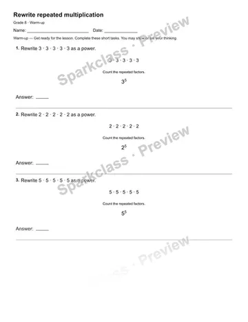 Rewrite repeated multiplication — Warm-up — Grade 8 worksheet preview
