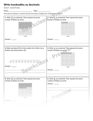 Write hundredths as decimals — Guided Practice — Grade 4 worksheet preview
