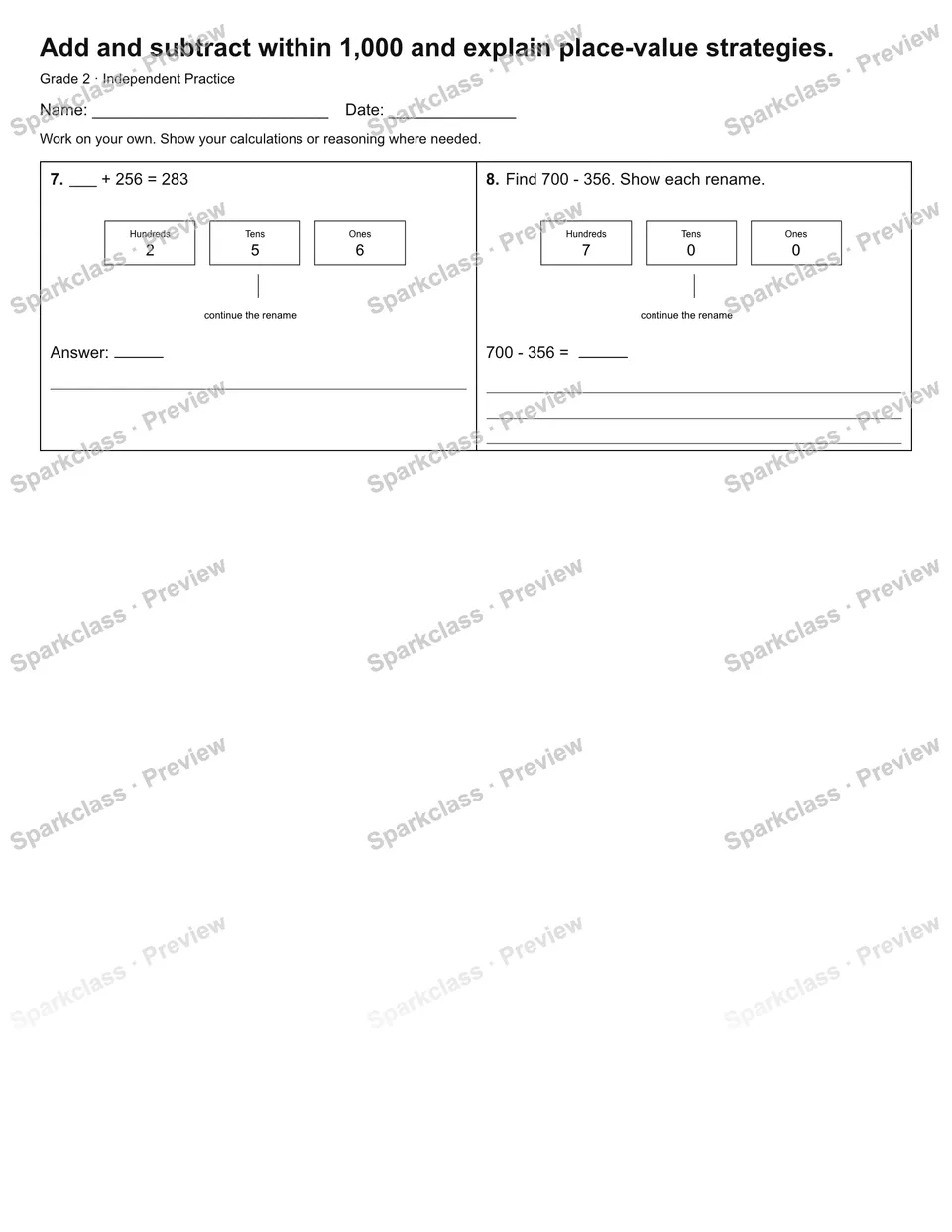 Add and subtract within 1,000 and explain place-value strategies. — Independent Practice — page 2