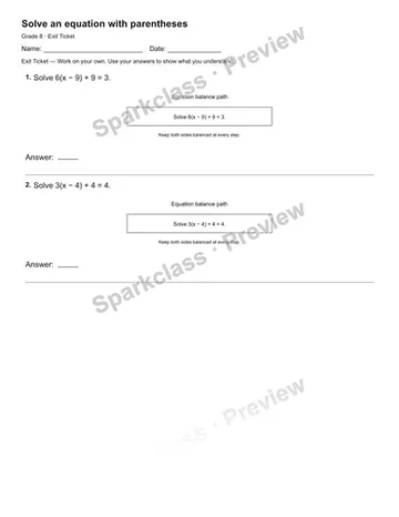 Solve an equation with parentheses — Exit Ticket — Grade 8 worksheet preview