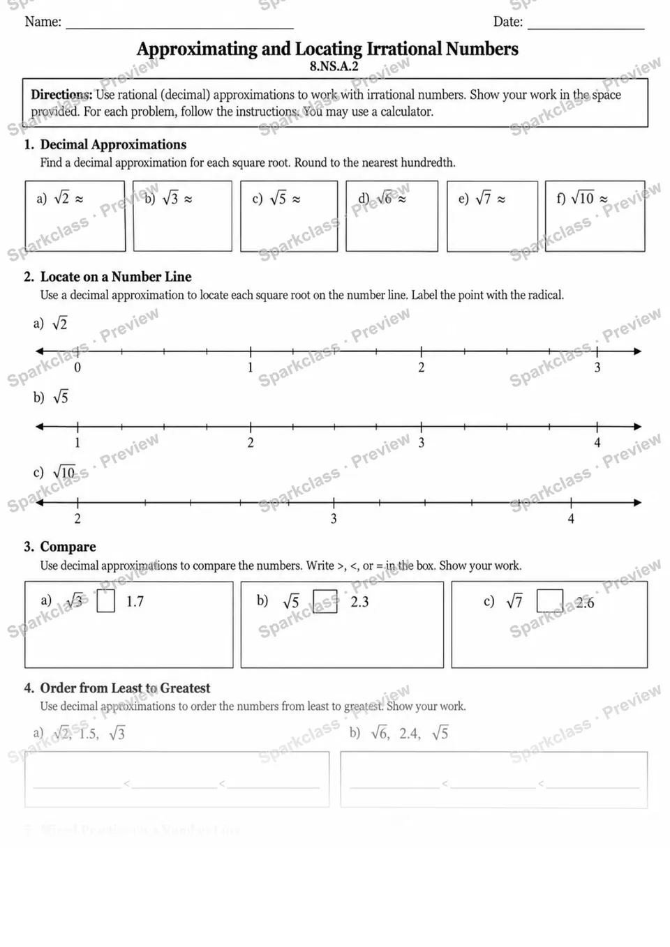 8.NS.A.2 · 2 Irrational Approximations Number Line — page 1