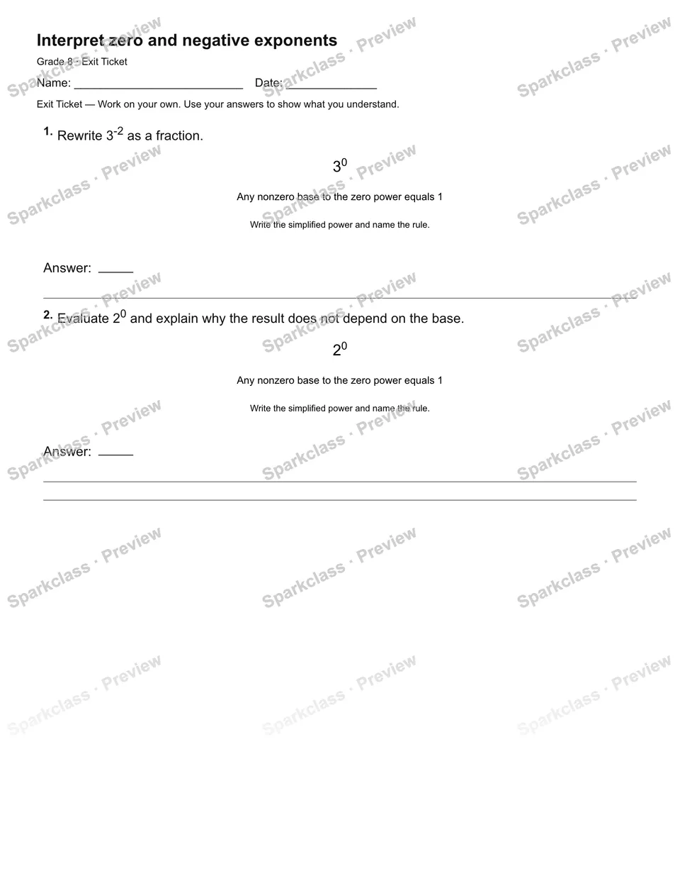 Interpret zero and negative exponents — Exit Ticket — page 2