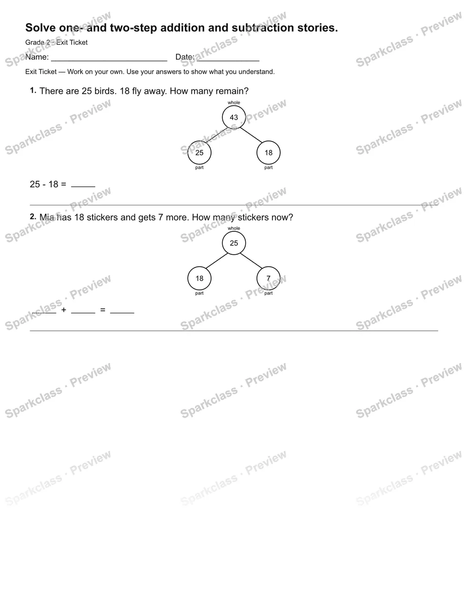 Solve one- and two-step addition and subtraction stories. — Exit Ticket — page 1