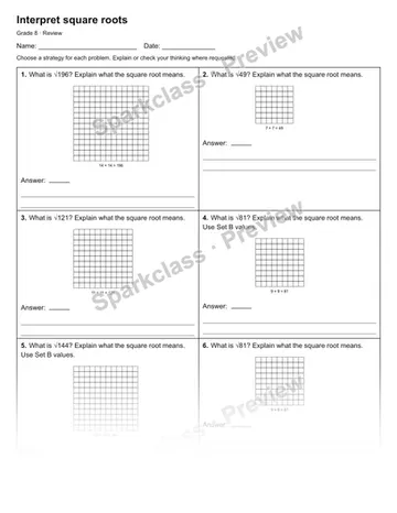 Interpret square roots — Review — Grade 8 worksheet preview