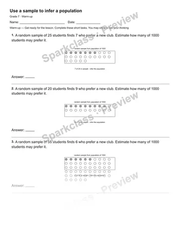 Use a sample to infer a population — Warm-up — Grade 7 worksheet preview