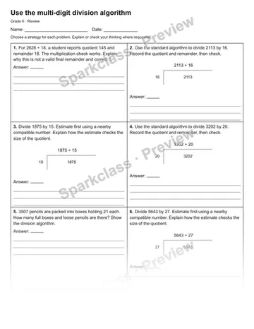 Use the multi-digit division algorithm — Review — Grade 6 worksheet preview