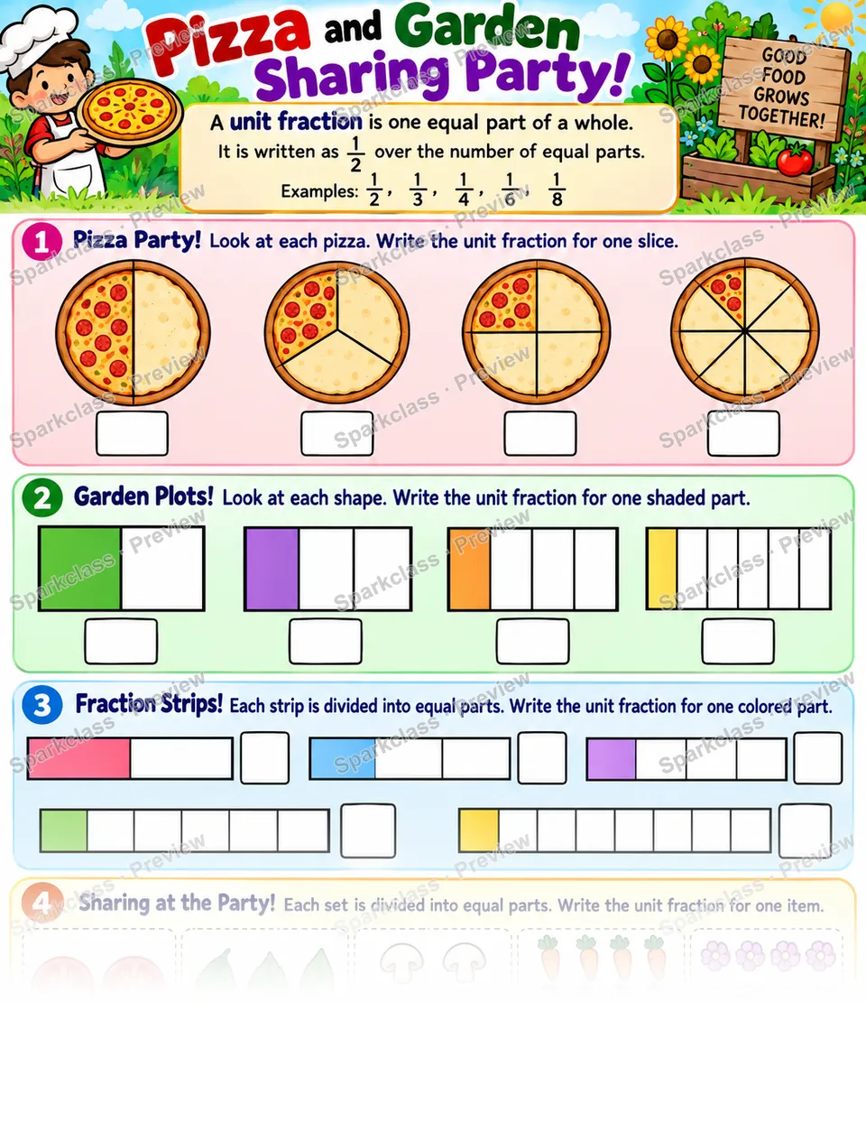 Pizza and Garden · Unit Fractions — page 1