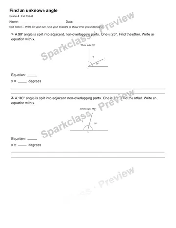 Find an unknown angle — Exit Ticket — Grade 4 worksheet preview