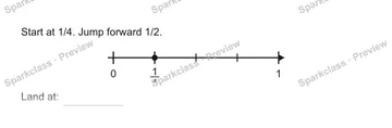 Start at 1/4. Jump forward 1/2. 0 1/4 1 Land at: — Grade 5 problem preview