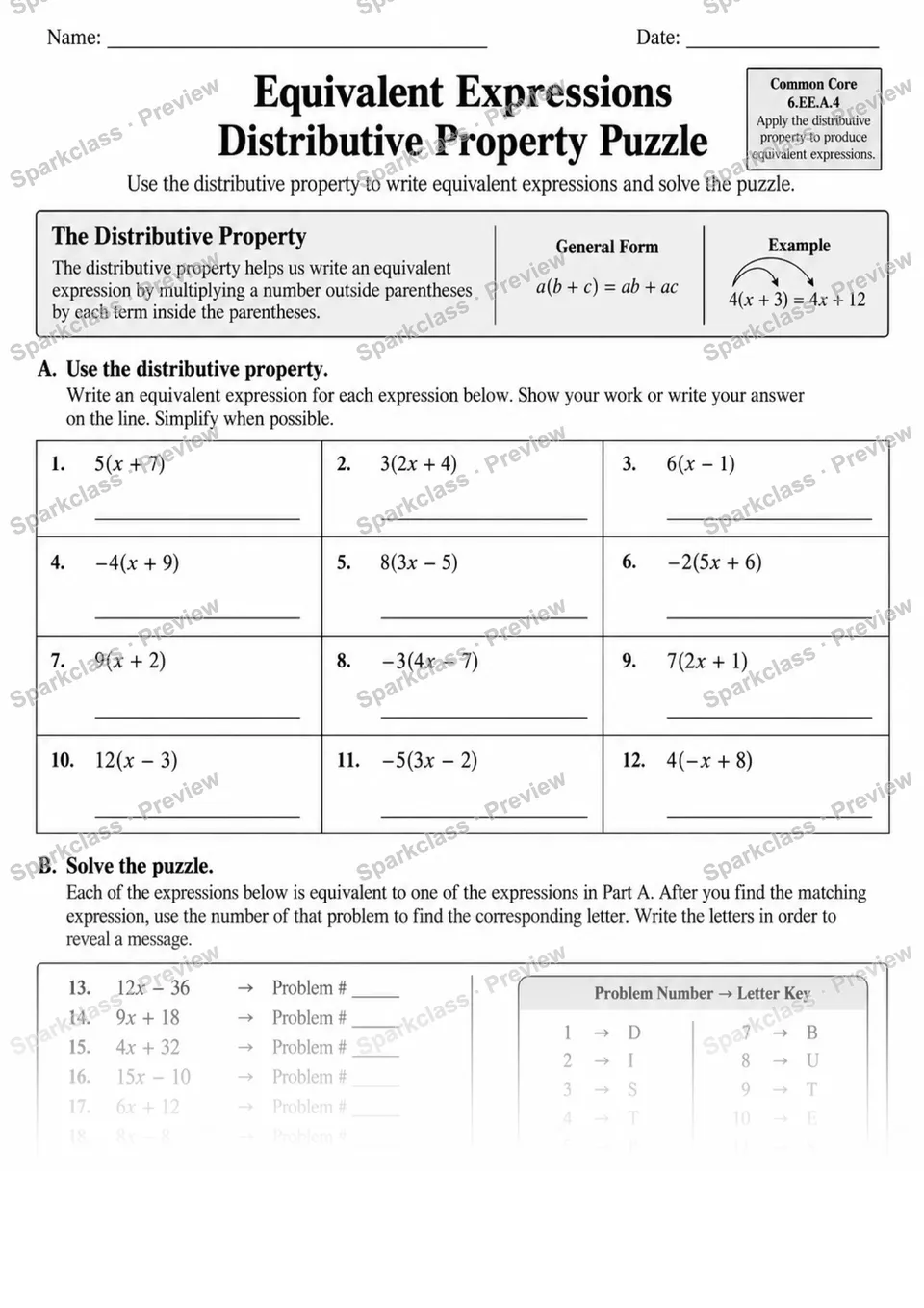 Equivalent Expressions · Distributive Property · Variant 2 — page 1