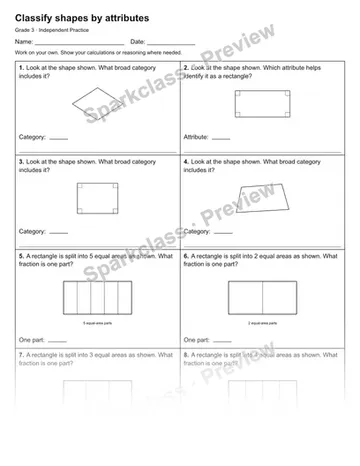 Classify shapes by attributes — Independent Practice — Grade 3 worksheet preview