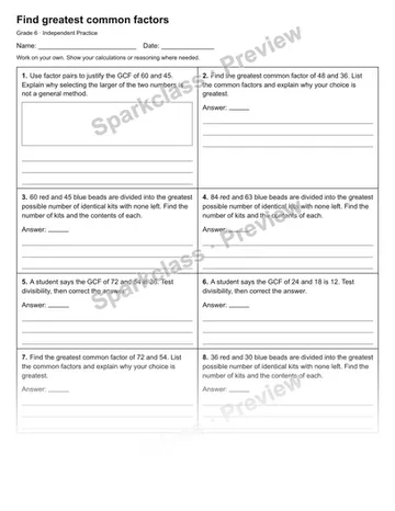 Find greatest common factors — Independent Practice — Grade 6 worksheet preview