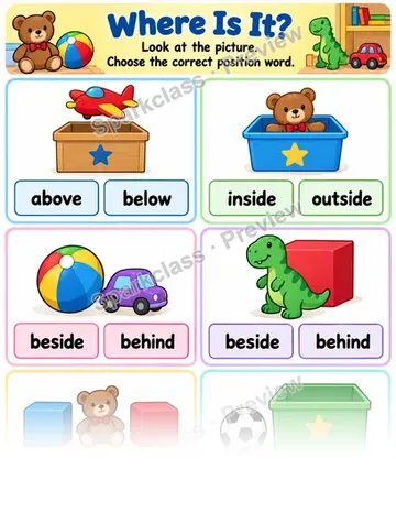 Basic Where Is It? · Position Words — Kindergarten worksheet preview