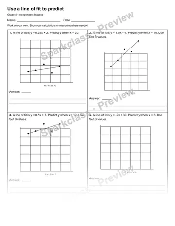 Use a line of fit to predict — Independent Practice — Grade 8 worksheet preview
