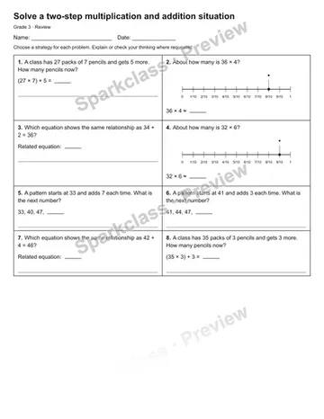 Solve a two-step multiplication and addition situation — Review — Grade 3 worksheet preview