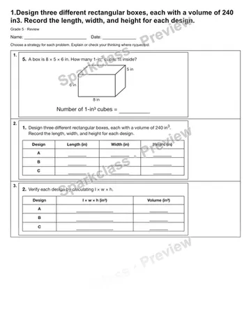 1.Design three different rectangular boxes, each with a volume of 240 in3. Record the length, width, and height for each design. — Review — Grade 5 worksheet preview