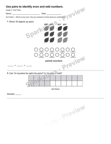 Use pairs to identify even and odd numbers. — Exit Ticket — Grade 2 worksheet preview