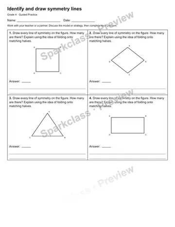 Identify and draw symmetry lines — Guided Practice — Grade 4 worksheet preview