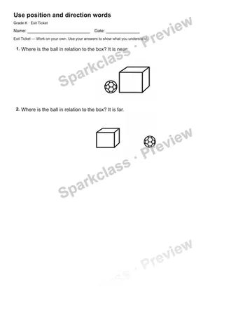 Use position and direction words — Exit Ticket — Kindergarten worksheet preview