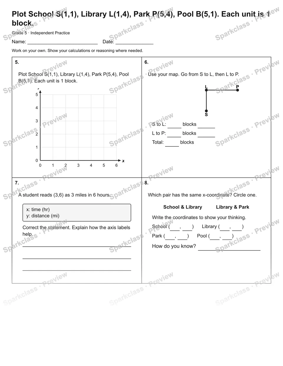Plot School S(1,1), Library L(1,4), Park P(5,4), Pool B(5,1). Each unit is 1 block. — Independent Practice — page 2