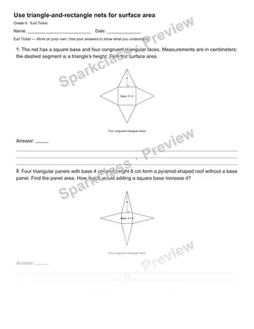 Use triangle-and-rectangle nets for surface area — Exit Ticket — Grade 6 worksheet preview