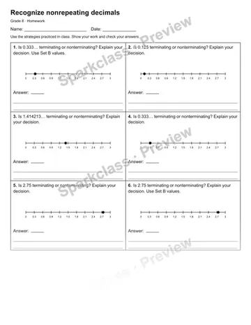 Recognize nonrepeating decimals — Homework — Grade 8 worksheet preview