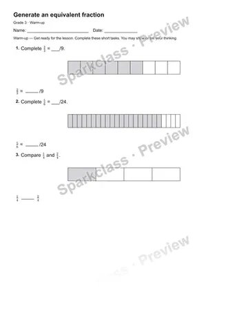 Generate an equivalent fraction — Warm-up — Grade 3 worksheet preview