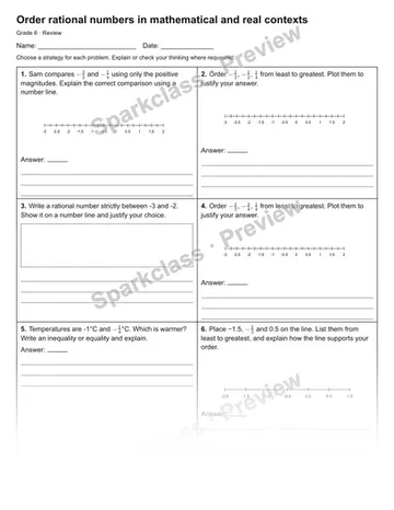 Order rational numbers in mathematical and real contexts — Review — Grade 6 worksheet preview