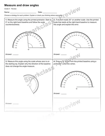 Measure and draw angles — Review — Grade 4 worksheet preview