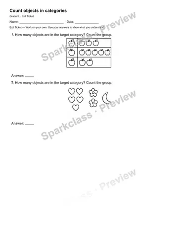 Count objects in categories — Exit Ticket — Kindergarten worksheet preview