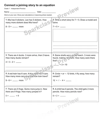 Connect a joining story to an equation — Independent Practice — Grade 1 worksheet preview