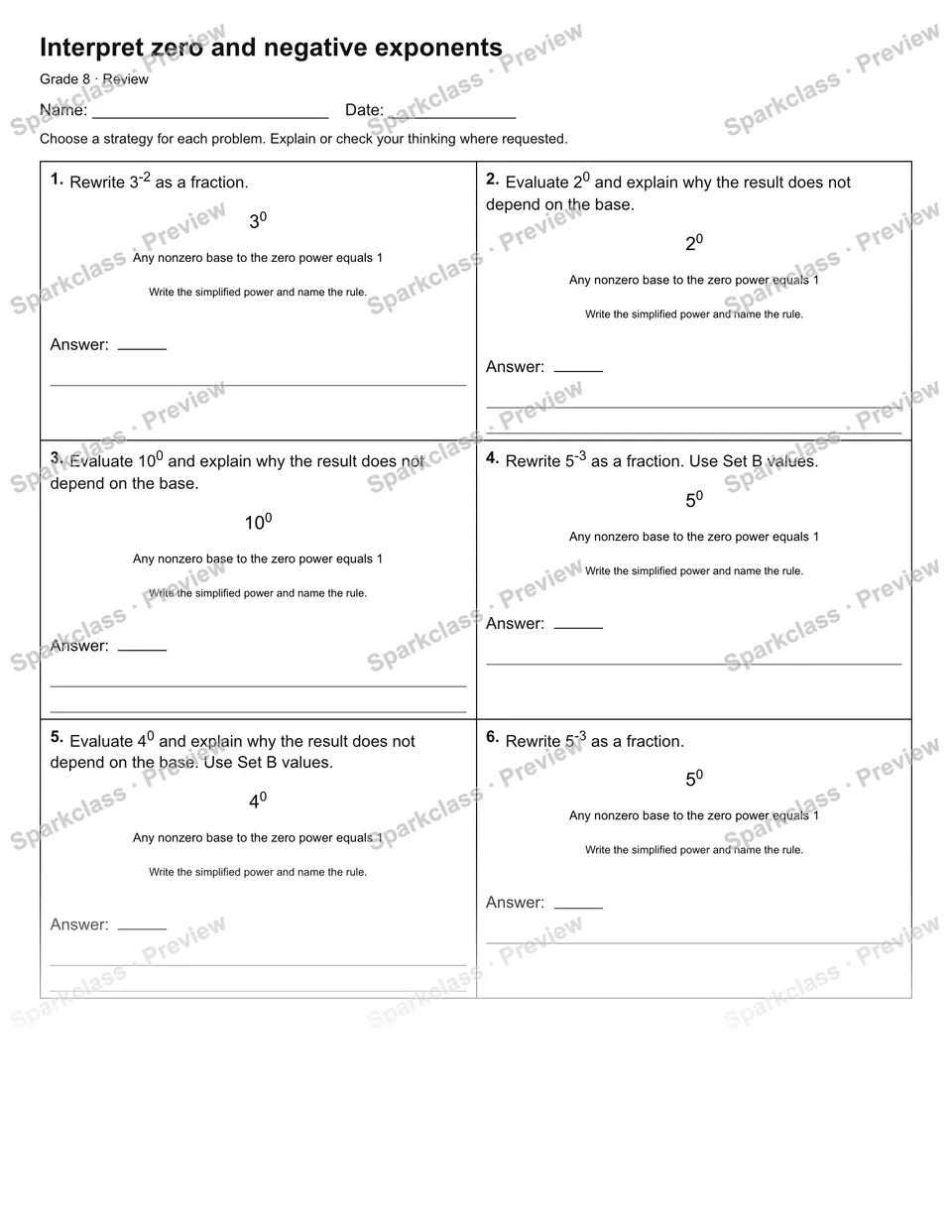 Interpret zero and negative exponents — Review — page 1