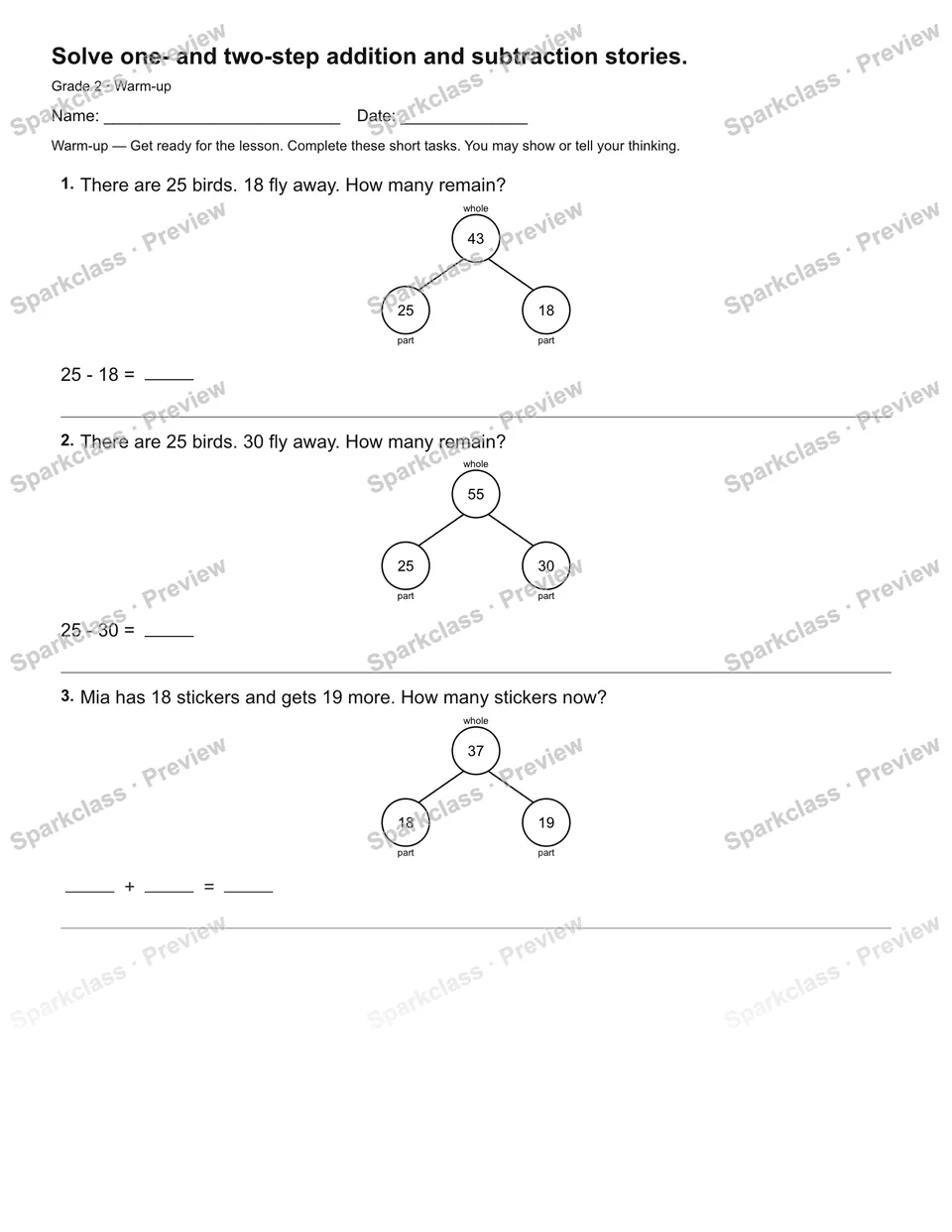 Solve one- and two-step addition and subtraction stories. — Warm-up — page 2