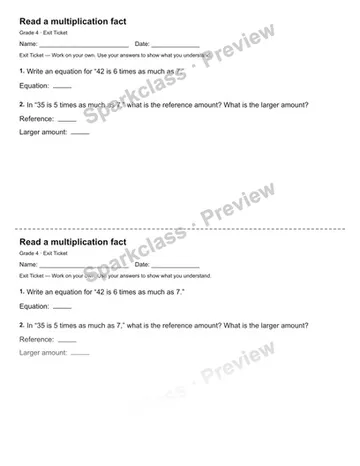 Read a multiplication fact — Exit Ticket — Grade 4 worksheet preview