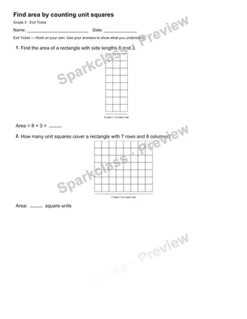Find area by counting unit squares — Exit Ticket — Grade 3 worksheet preview