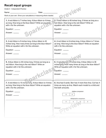 Recall equal groups — Independent Practice — Grade 4 worksheet preview