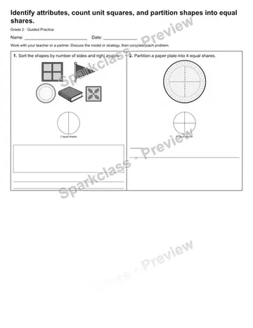 Identify attributes, count unit squares, and partition shapes into equal shares. — Guided Practice — Grade 2 worksheet preview