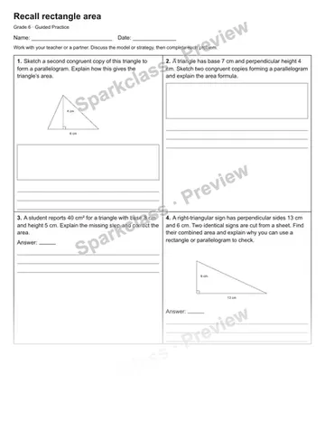 Recall rectangle area — Guided Practice — Grade 6 worksheet preview